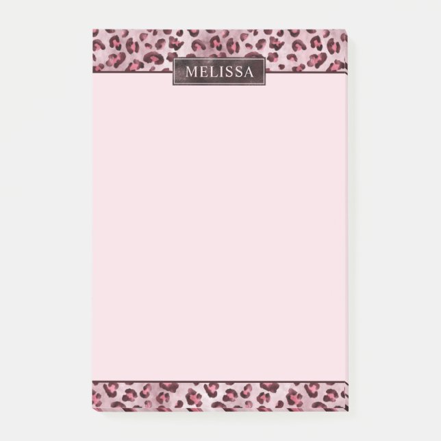 Bloco De Notas Impressão de Animal Leopardo Rosa Com Nome e Folha (Frente)