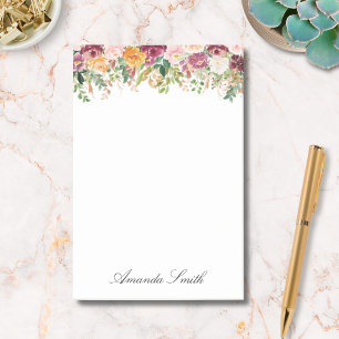 Bloco De Notas Jardim de Flores de Rosa em Aquarela com Monograma
