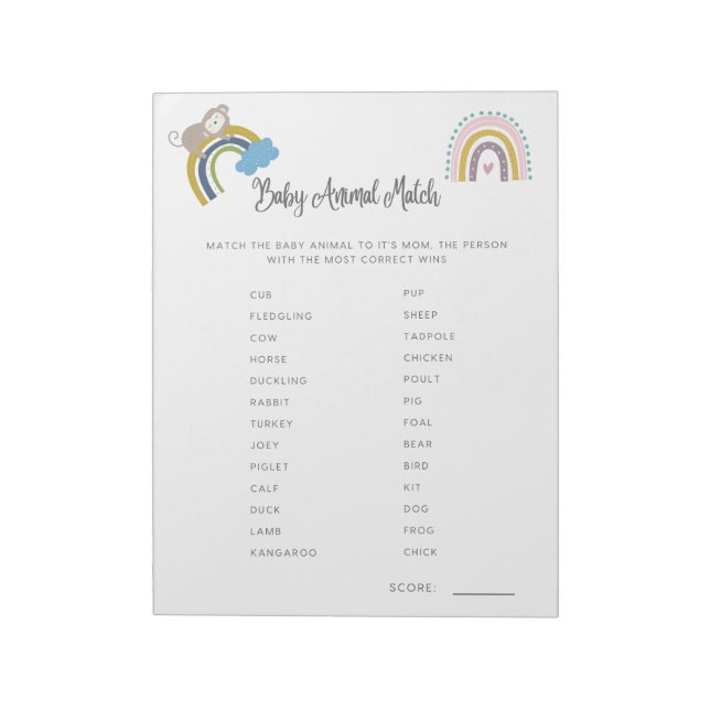 Bloco De Notas Jogo de Baby Shower - Correspondência de Bebês Ani (Invertido)