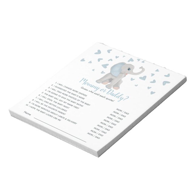 Bloco De Notas Jogo do Chá de fraldas Elefante da Cinza Azul Adiv (Invertido)