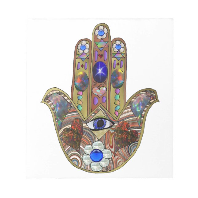 Bloco De Notas Judaica Hamsa Hearts Flowers Opal Art Impressão (Frente)