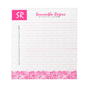 Bloco De Notas Lace Floral Rosa Quente Monograma e Damascos Branc