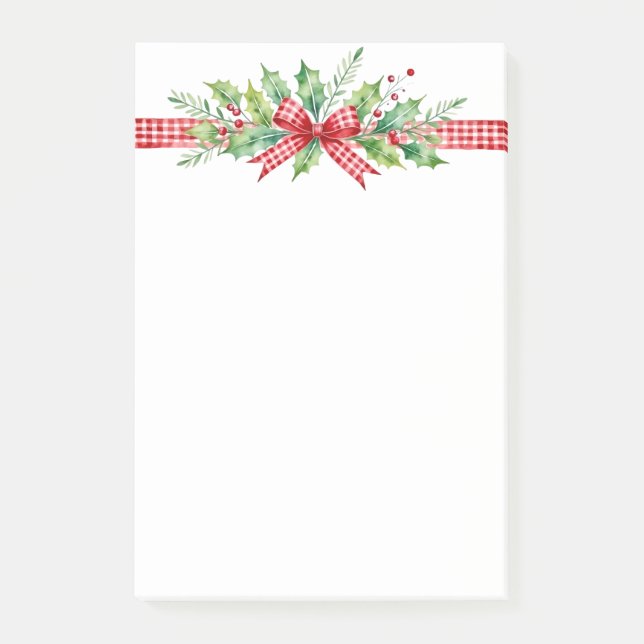 Bloco De Notas Laço de Gingham com Folhas de Azevinho e Bagas Ver (Frente)