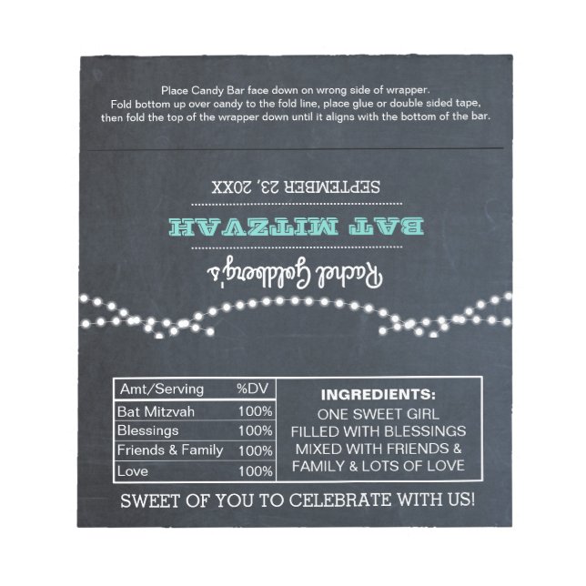 Bloco De Notas Lâmpadas De Chalkboard Lights Teal Bat Mitzvah Can (Frente)