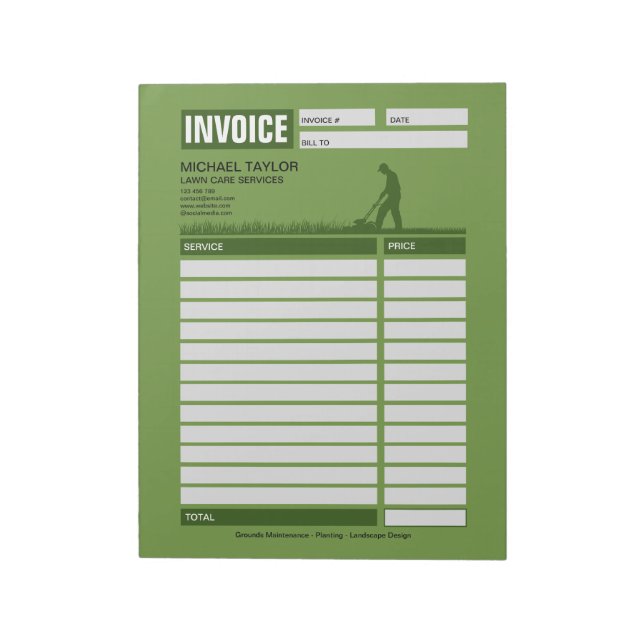 Bloco De Notas Landscaping Lawn Mowing Business Receipt Invoice (Invertido)