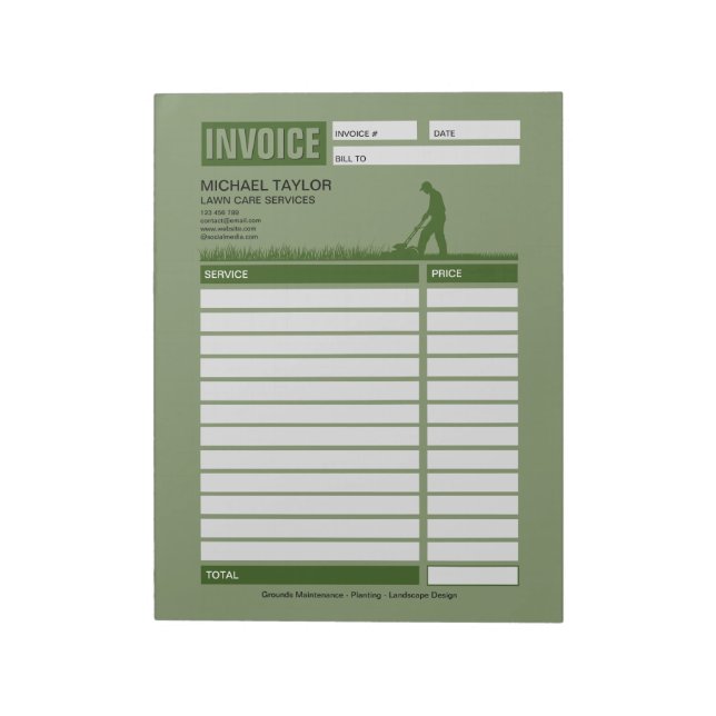 Bloco De Notas Landscaping Lawn Mowing Business Receipt Invoice (Invertido)