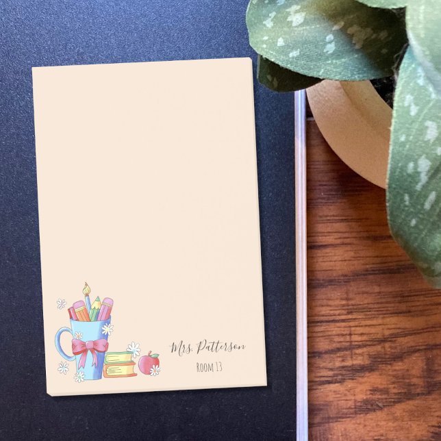 Bloco De Notas Lápis de Aquarela e Livros Postados pelo Professor (Cute personalized sticky notes for teachers with white little flowers .)