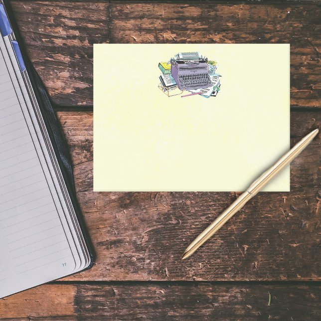 Bloco De Notas Lápis de Papel de Máquina de Digitalização de Ferr (Purple manual typewriter books paper pens for writers on light yellow post its notes.)