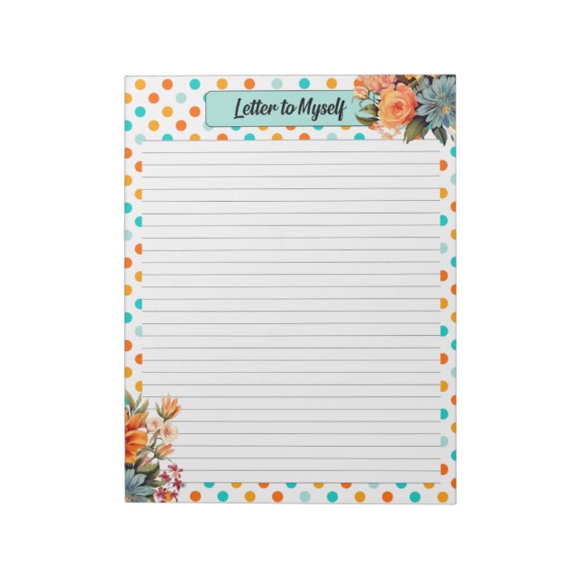 Bloco De Notas Laranja Floral n Bolinhas Azuis_ Letra para Mim (Invertido)