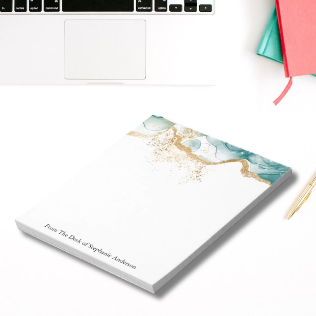 Bloco De Notas Lavar Tinta Alcoólica Verde Dourada Personalizada  (Green marble Watercolor Wash Alcohol Ink Gold Glitter Personalized Note pad. )