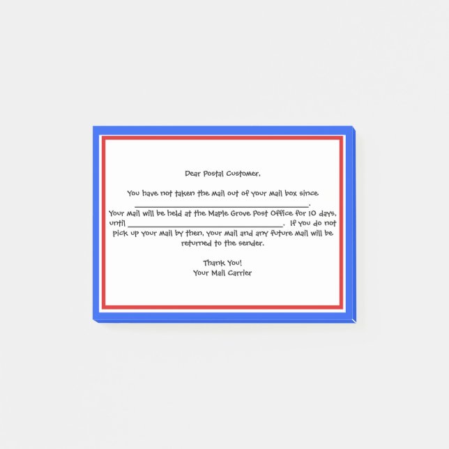 Bloco De Notas "Lembrete Amigável" para as transportadoras postai (Frente)