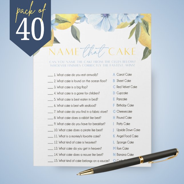 Bloco De Notas Lemon Bridal Name The Cake Chá Game Pack (Main Squeeze Lemon and Blue Flower Name That Cake Bridal Shower Game Pack of 40 Games)