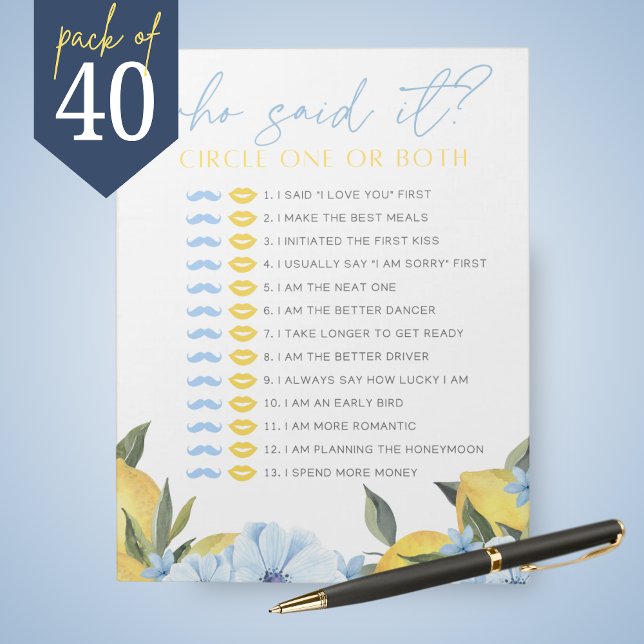 Bloco De Notas Lemon He Said She Said Shower Game Pack (Main Squeeze Lemon and Blue Flower Guess Who Said It Bridal Shower Game Pack of 40 Games)