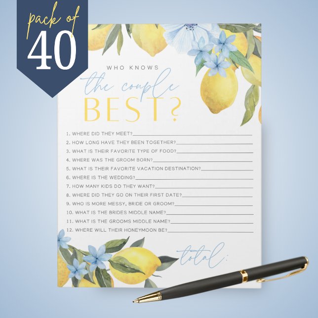 Bloco De Notas Lemon Que Conhece O Melhor Jogo De Brida Do Casal (Main Squeeze Lemon and Blue Flower Who Knows the Couple Best Bridal Shower Game Pack of 40 Games)