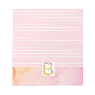 Bloco De Notas Letra B Monograma Flores de Aquarela Rosa Vinculad
