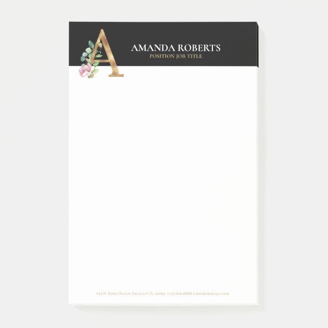 Bloco De Notas Letra Dourada e flores Monograma A (Frente)