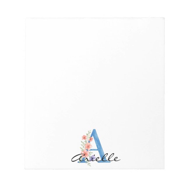 Bloco De Notas Letra floral A personalizada com aquarela monogram (Frente)