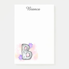 Bloco De Notas Letra Watercolor B com Flores Roxas