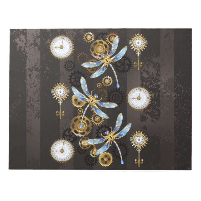 Bloco De Notas Libélulas Steampunk em fundo listrado marrom (Frente)