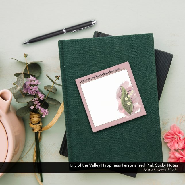 Bloco De Notas Lily do Vale Felicidade, Rosa Personalizada (Lily of the Valley Happiness Personalized Pink - Post-it® Notes 3"x3")