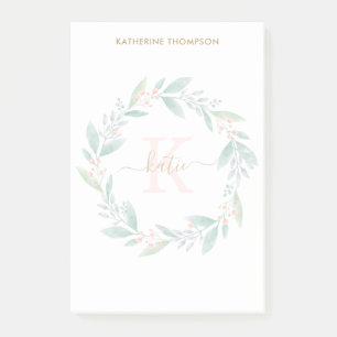 Bloco De Notas Linda Watercolor Floral Wreath Monograma