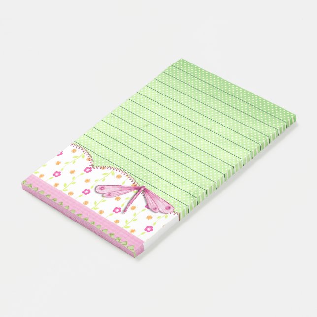 Bloco De Notas Lindo Floral Rosa e Verde com Libélula (Inclinado)