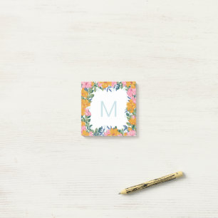 Bloco De Notas Lindo Monograma de Moldura Floral Rosa Amarelo