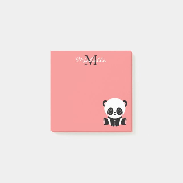 Bloco De Notas Lindo Panda Sentado Monograma Salmão Rosa (Frente)