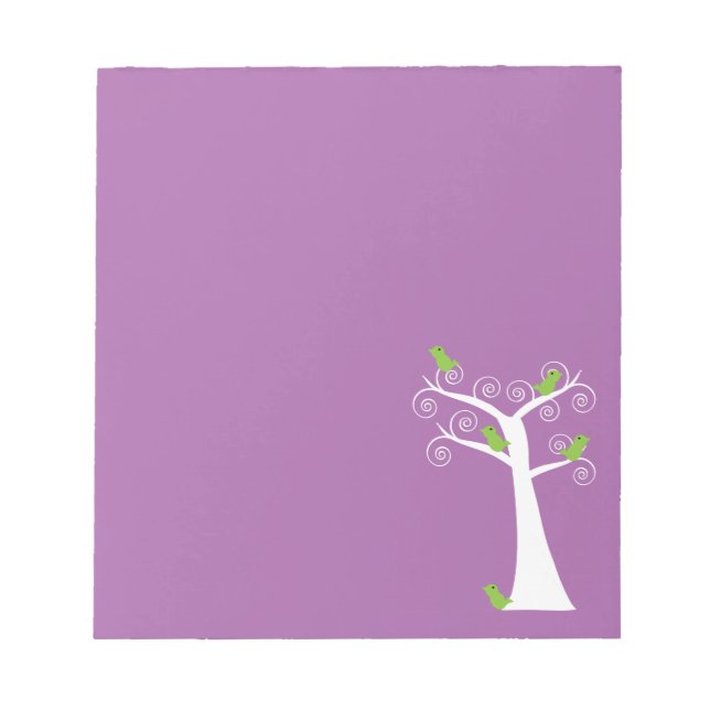 Bloco De Notas Lindos Pássaros Verde Lima Caprichosos Árvore Roxo (Frente)
