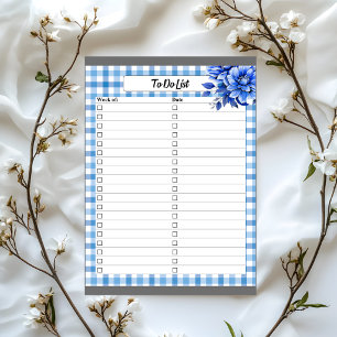 Bloco De Notas Lista de Gingham_ To Do Floral Azul