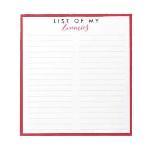 Bloco De Notas Lista de Inimigos Elegante Borda Vermelha Piada En