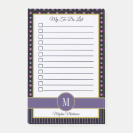 Bloco De Notas Lista de Monogramas de Stripe Floral Púrpura Chic