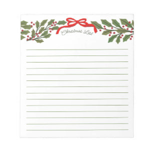Bloco De Notas Lista de Natal com Arco Vermelho e Grinalda de Aze