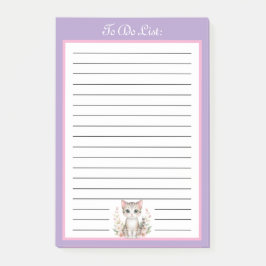 Bloco De Notas Lista de Tarefas de Gato Floral Púrpura e Rosa