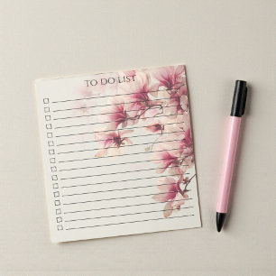 Bloco De Notas Lista de Tarefas de Magnólia em Aquarela Rosa Boho