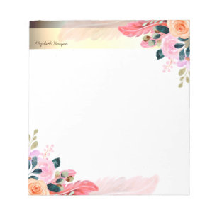 Bloco De Notas Listra Dourada Elegante, Flor Feather