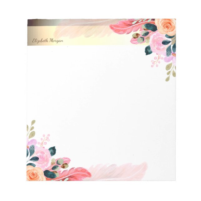 Bloco De Notas Listra Dourada Elegante, Flor Feather (Frente)