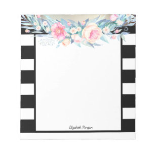 Bloco De Notas Listras à moda elegantes, flores da aguarela