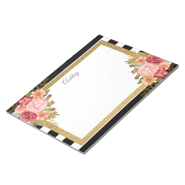Bloco De Notas Listras Brancas Pretas Personalizadas Floral Rosa  (Inclinado)