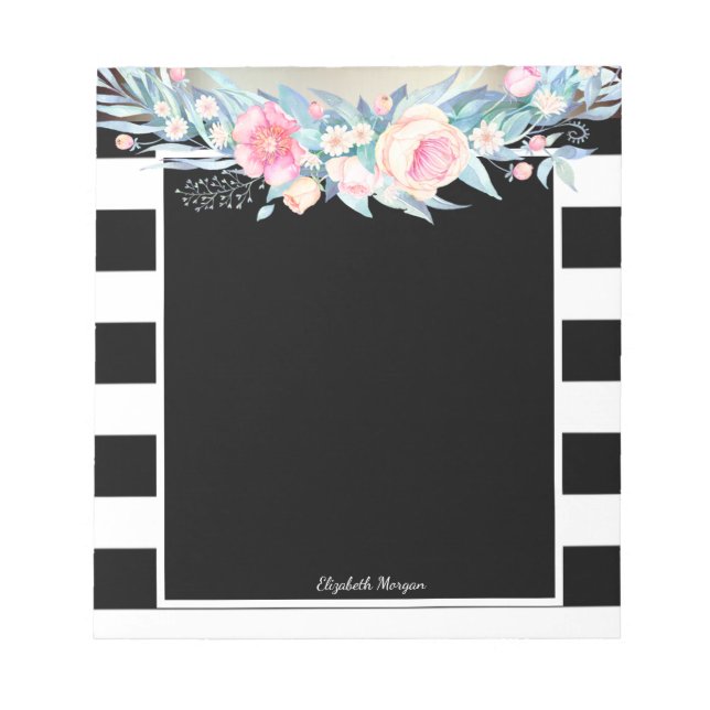 Bloco De Notas Listras Elegantes e Sofisticadas, Flores - Persona (Frente)