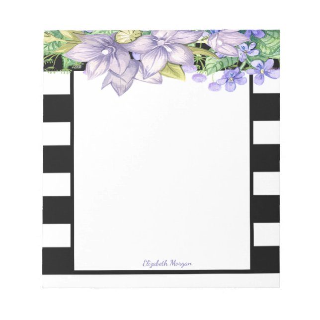 Bloco De Notas Listras Elegantes, Flores em Aquarela - Personaliz (Frente)