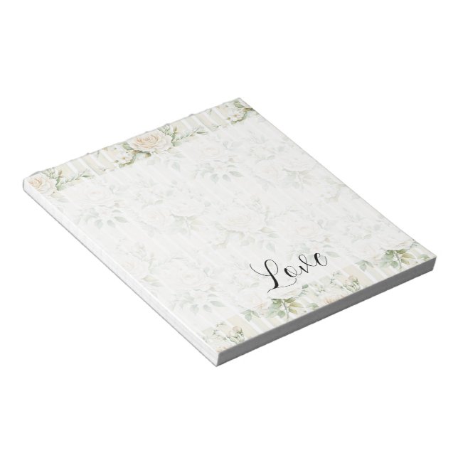 Bloco De Notas Listras Florais Creme Romântico Folhas Verdes (Inclinado)