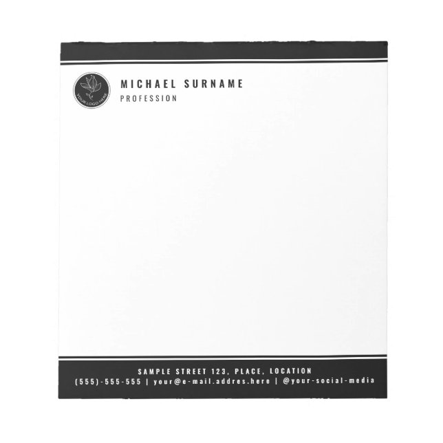 Bloco De Notas Logotipo e texto personalizados preto e branco min (Frente)