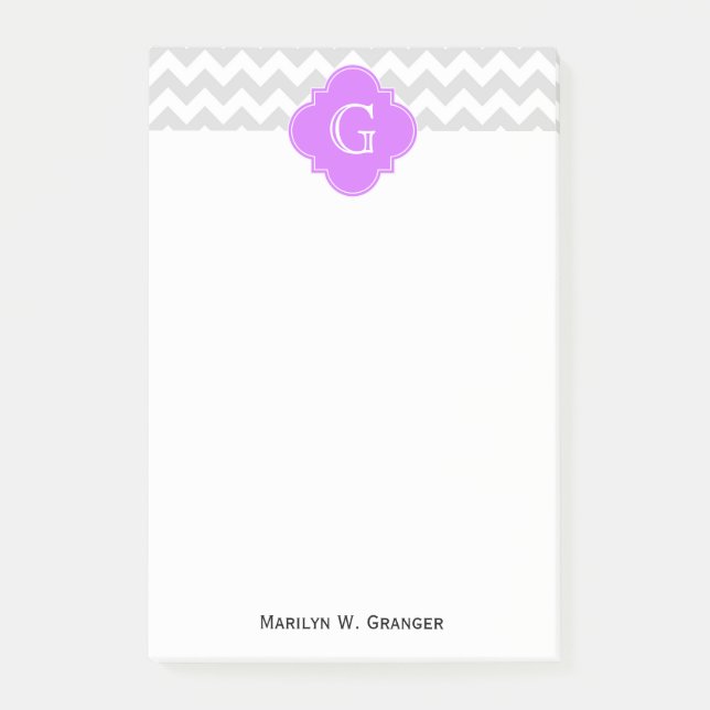 Bloco De Notas Lt Cinza Wht Chevron Lilac Quatrefoil Monograma (Frente)