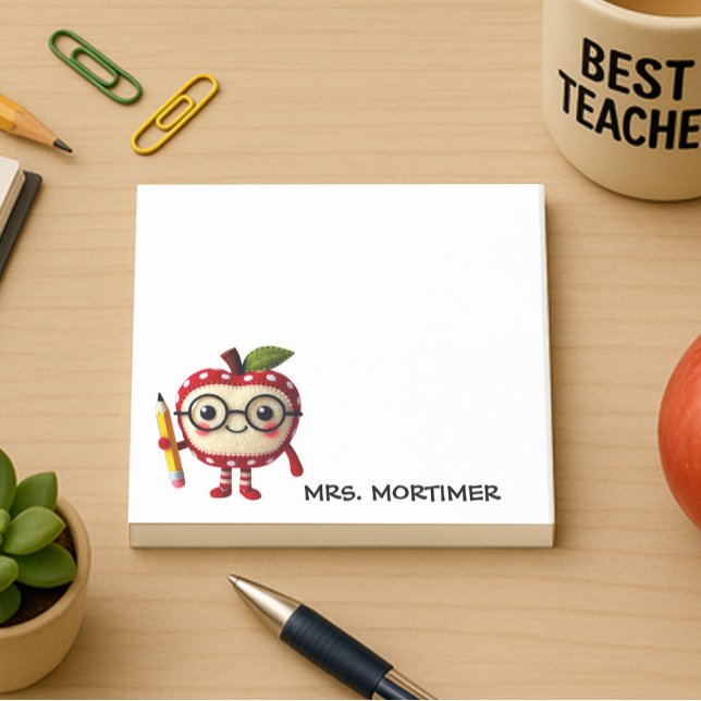 Bloco De Notas Maçã Vermelha Cuta Segurando Lápis Amarelo Profess (3 x 3 sticky notes for teachers with a cute apple character holding a pencil. personalize with a nam)