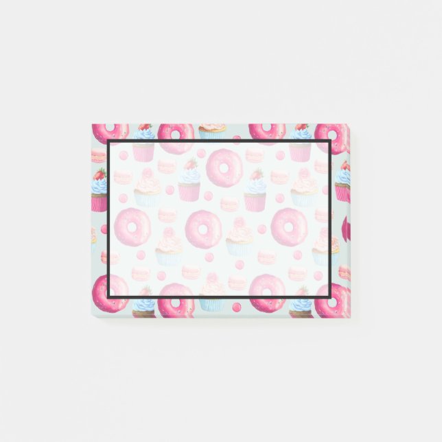 Bloco De Notas Macarões Rosquinha E Padrão De Cupcake Em Aquarela (Frente)