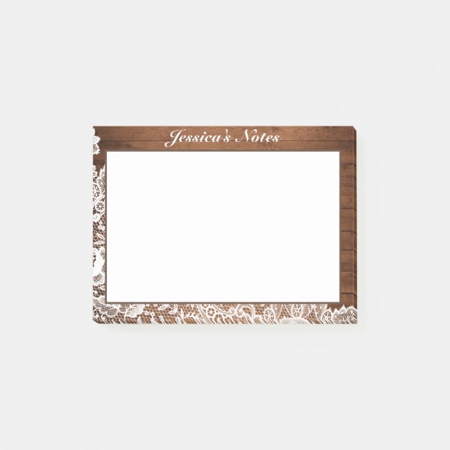 Bloco De Notas Madeira Rústica & Renda Branca Personalizado (Frente)