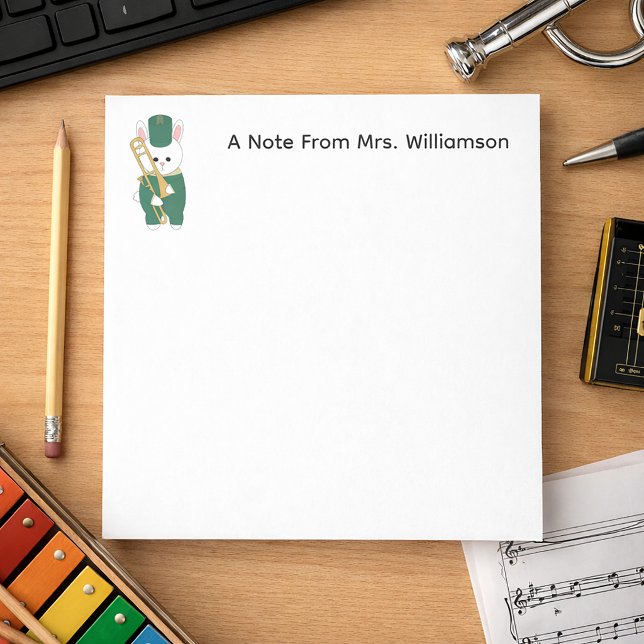 Bloco De Notas Marching Band Bunny Trombone Green Personalize (A notepad with customizable text and a cute rabbit with a trombone.)