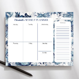 Bloco De Notas Marinho Azul Floral Personalizado Semanalmente Pla