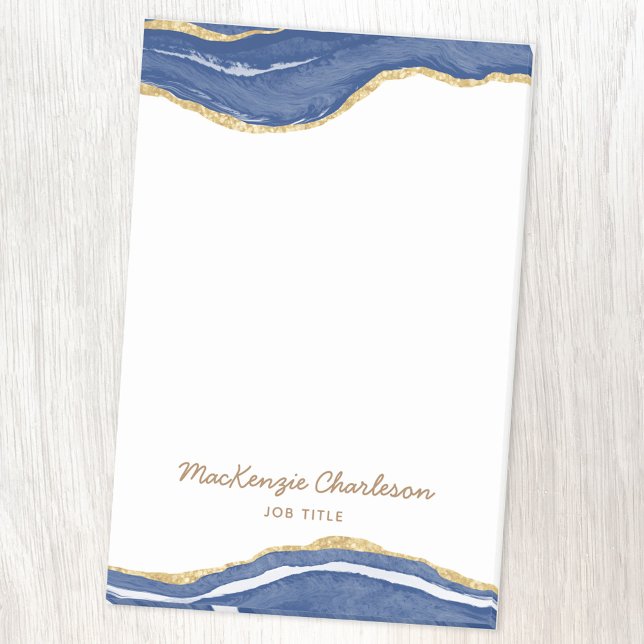 Bloco De Notas Marinho Azul Marble Agate Dourado Glitter Personal (Agate marble with faux gold glitter blue and white personalized name post it note)